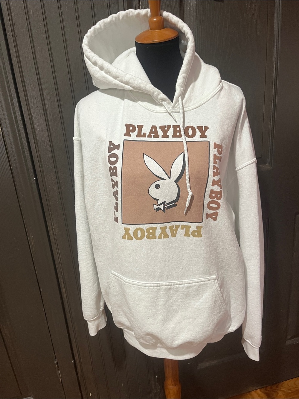 PLAYBOY White Crewneck Sweatshirt with Tan and Gold Logo